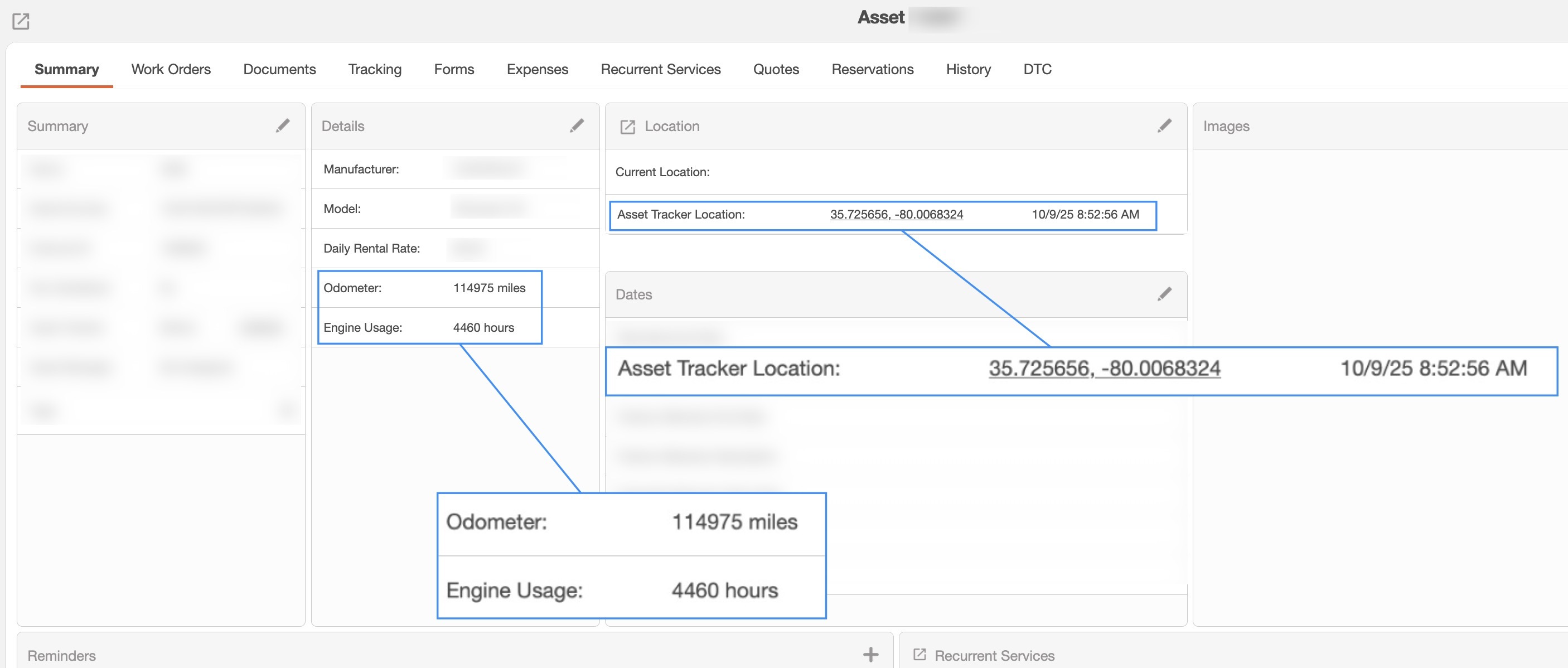 Mobiwork asset view expanded with the key asset information from Motive