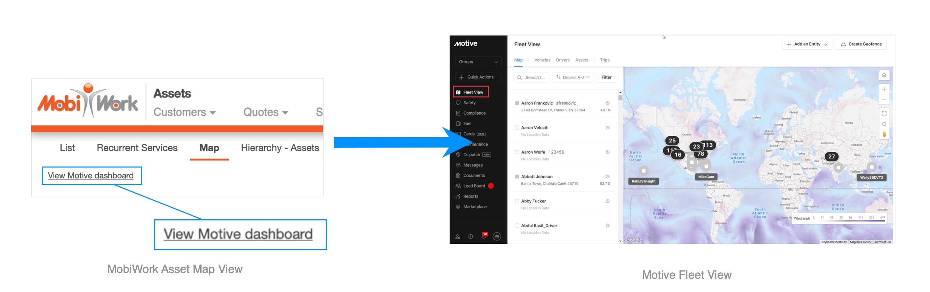 seamless integration between Motive and Mobiwork for the assets map with our one-click launch from MobiWork to Motive