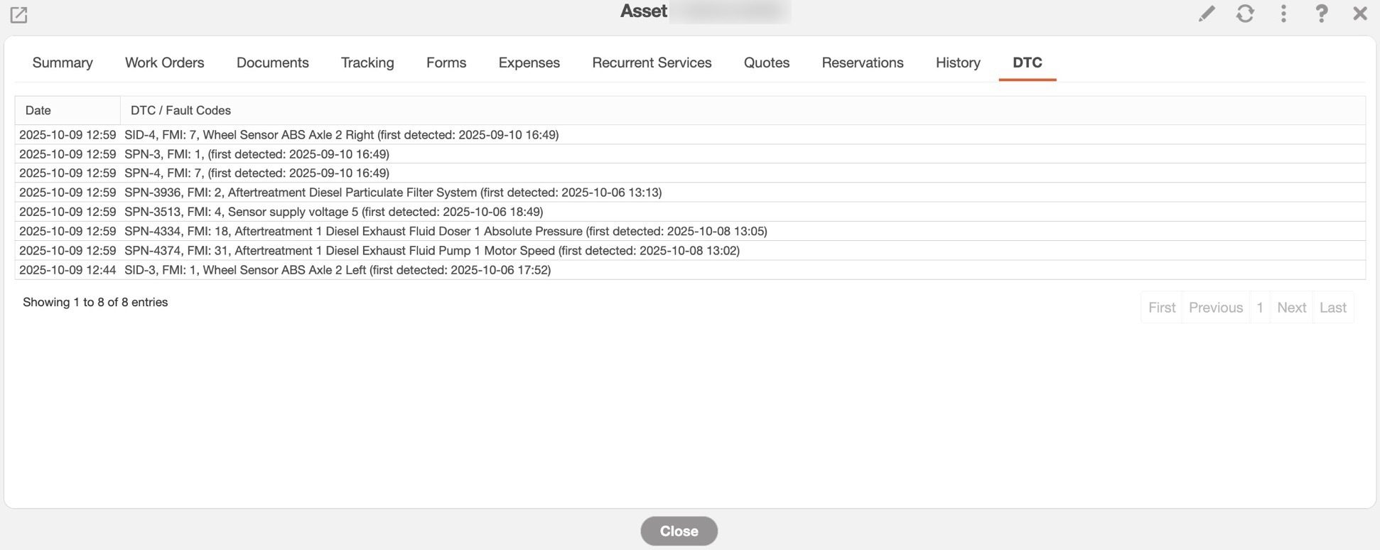 MobiWork asset view with visualization of the faults codes from Motive